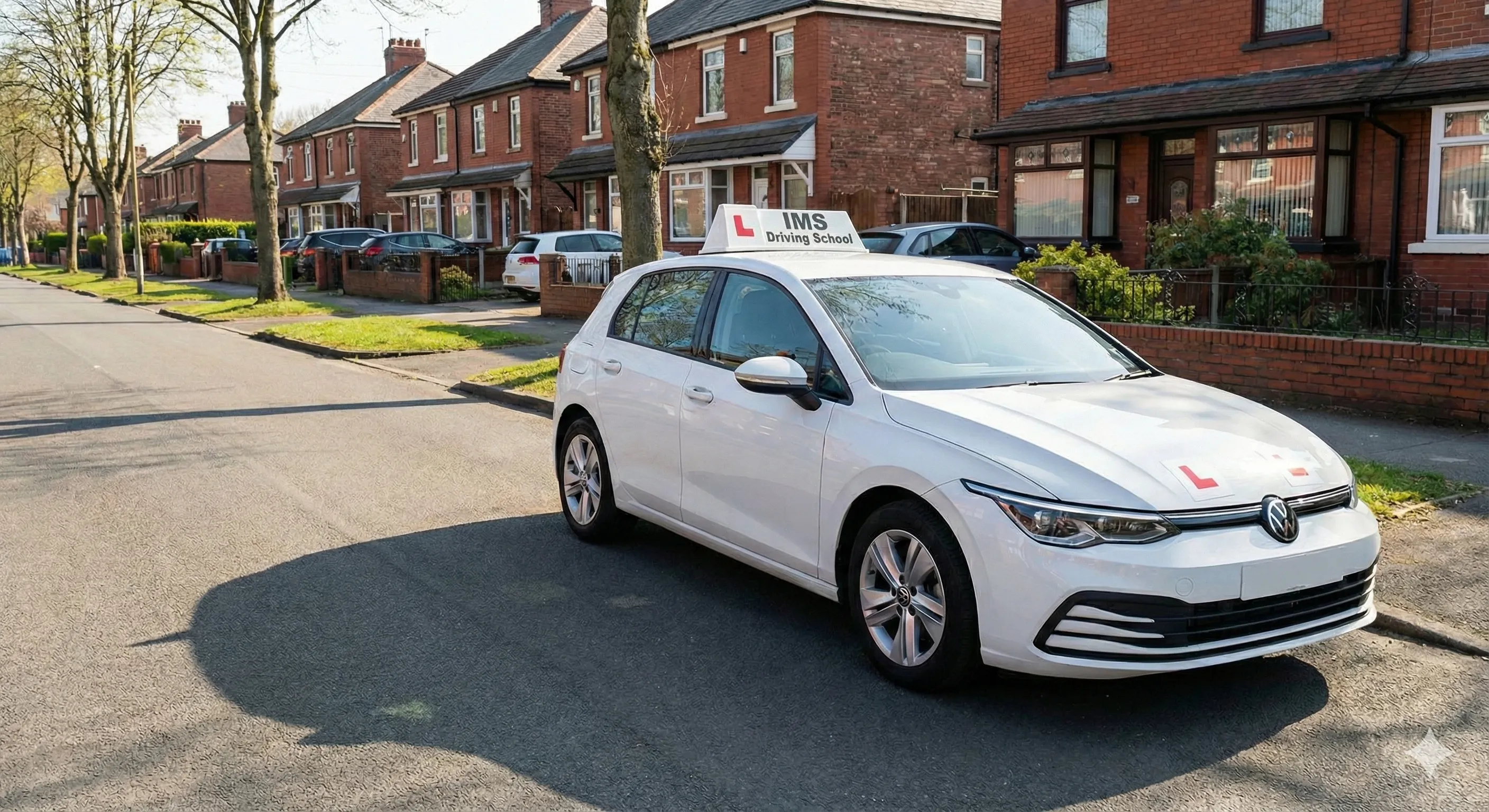 Professional driving instructor teaching a student in a modern automatic car